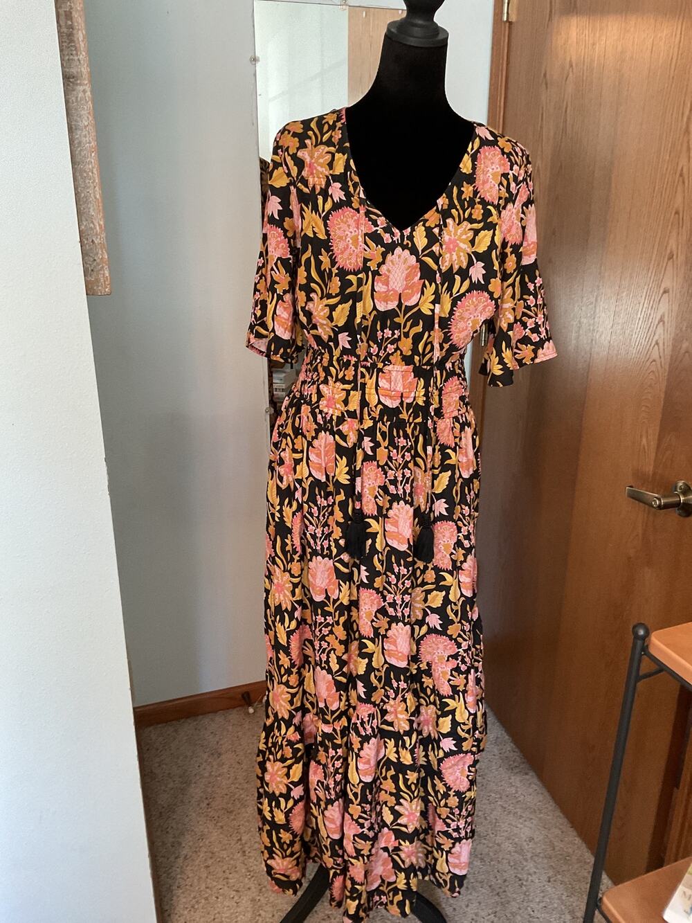 Soft Surroundings Floral Boho print MAXI dress Black Pink Yellow Women size 10